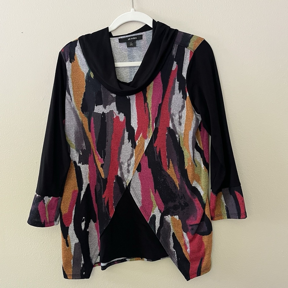 Ali Miles Women's Multicolor Artsy Cowl Neck Tunic Pullover Top Small S Abstract